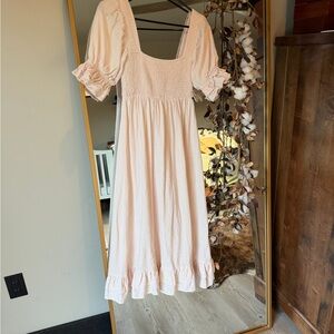 Linen Cream Midi Dress with Ruffle Hem